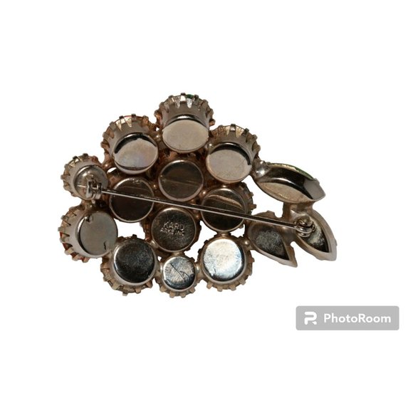 Vintage Karu Arke Brooch Green/Amber AB Aurora Borealis Rhinestone Prong Set Pin - Picture 5 of 8